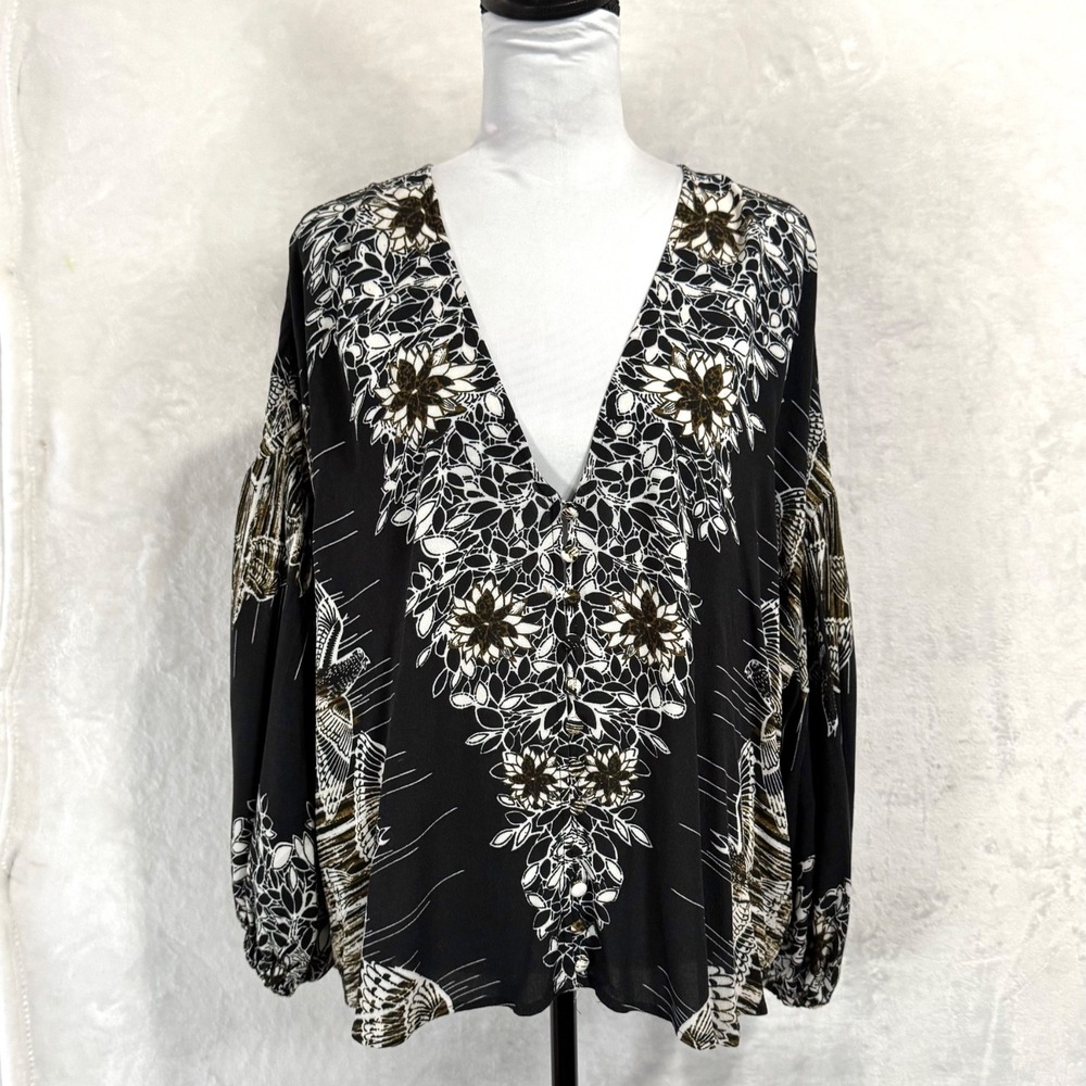 Free People Boho Birds Of A Feather Oversized Button Down Top XS Hippie Witchy